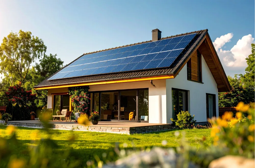 ένα σπίτι που έχει τοποθετήσει στην σκεπή του φωτοβολταικά panel